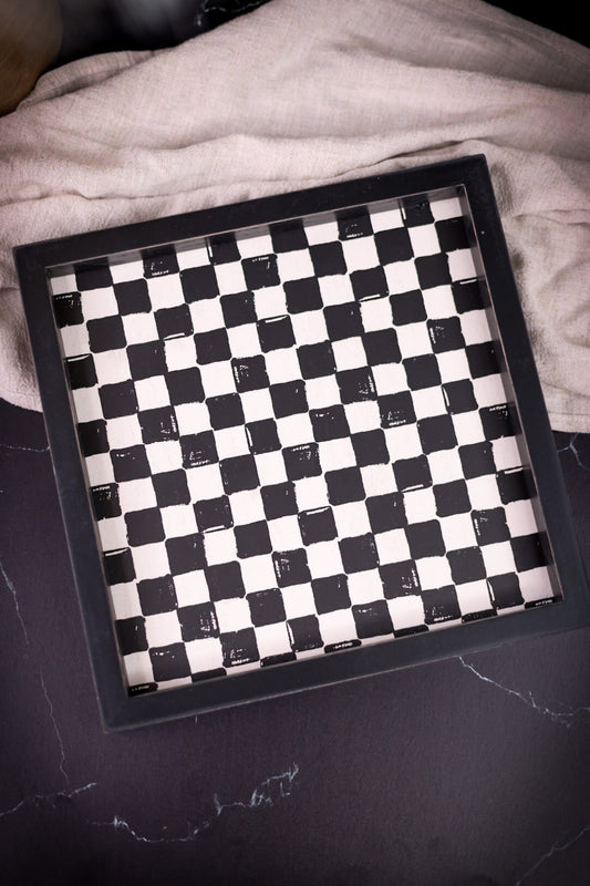 Black and White Checkered Wooden Tray - Whiskey Skies - ADAMS & CO