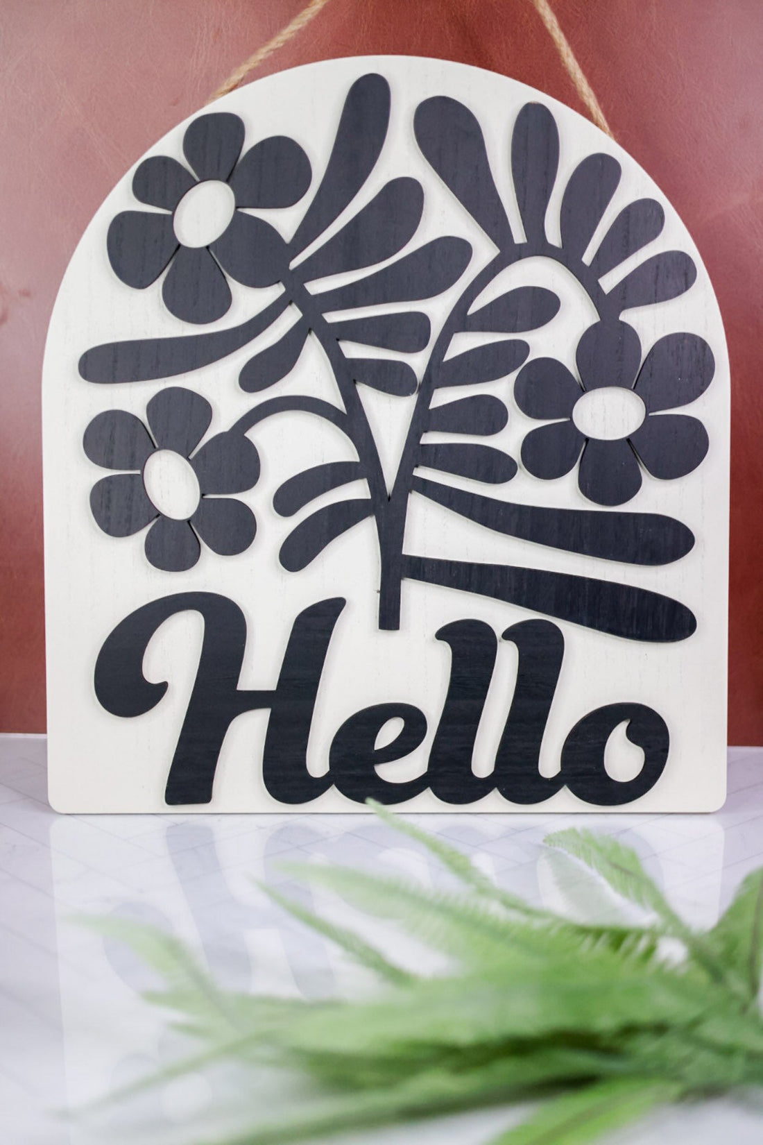 Black and White Floral "Hello" Hanging Sign - Whiskey Skies - YOUNG'S INC