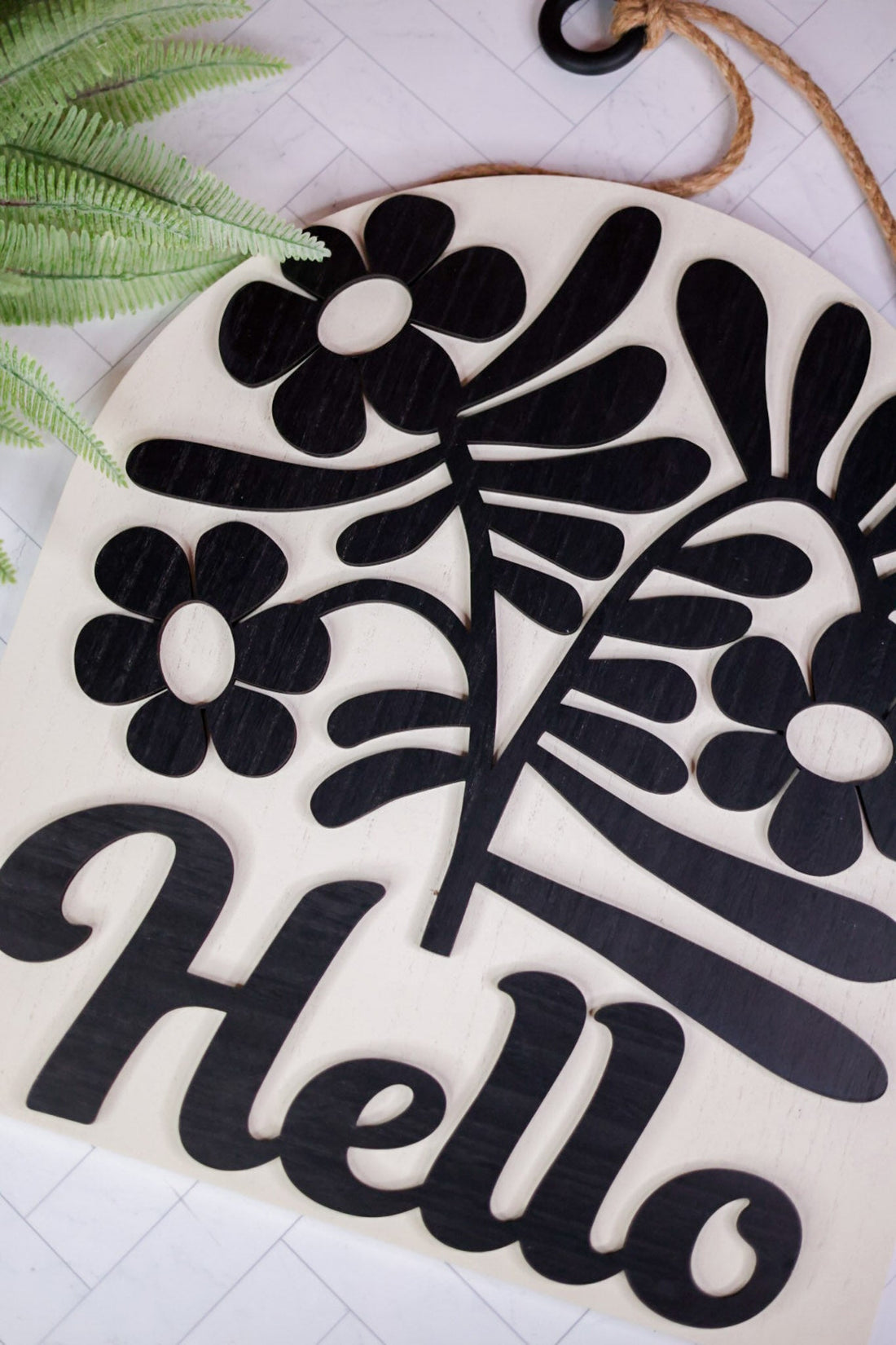 Black and White Floral "Hello" Hanging Sign - Whiskey Skies - YOUNG'S INC