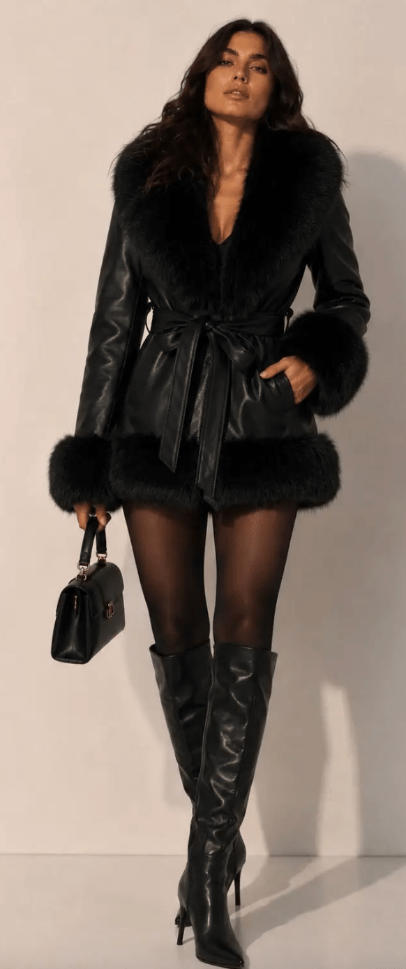Black Belted Faux Fur & Leather Coat - Whiskey Skies - COALITION LA