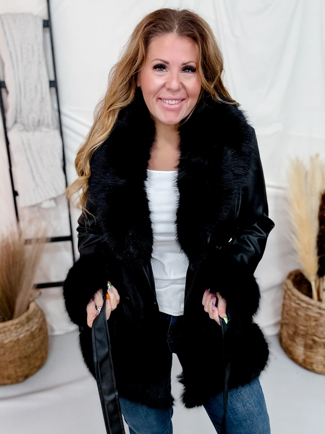 Black Belted Faux Fur & Leather Coat - Whiskey Skies - COALITION LA