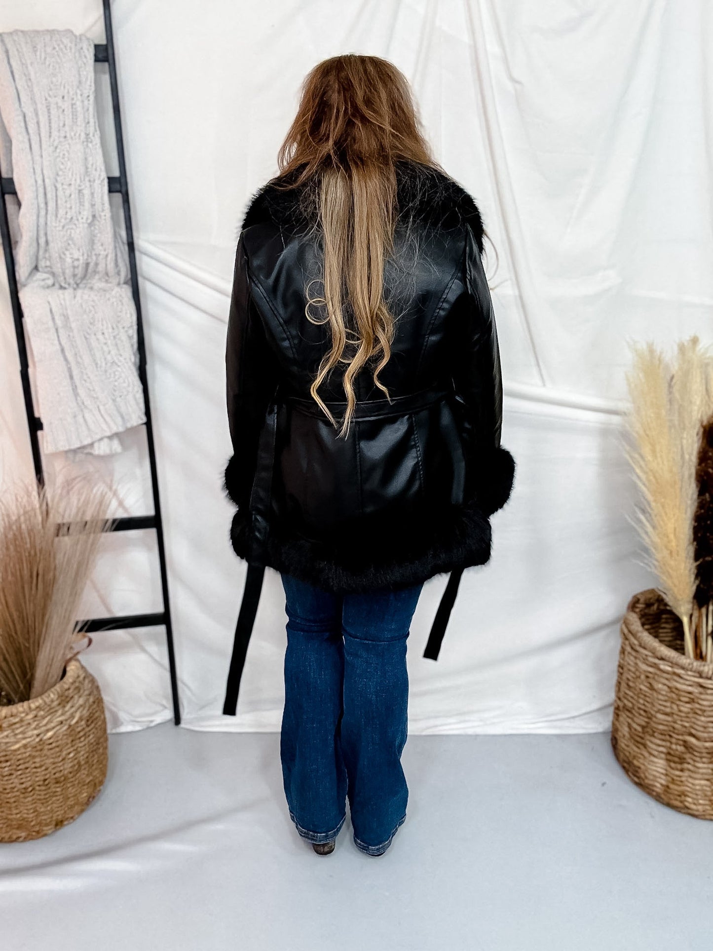 Black Belted Faux Fur & Leather Coat - Whiskey Skies - COALITION LA