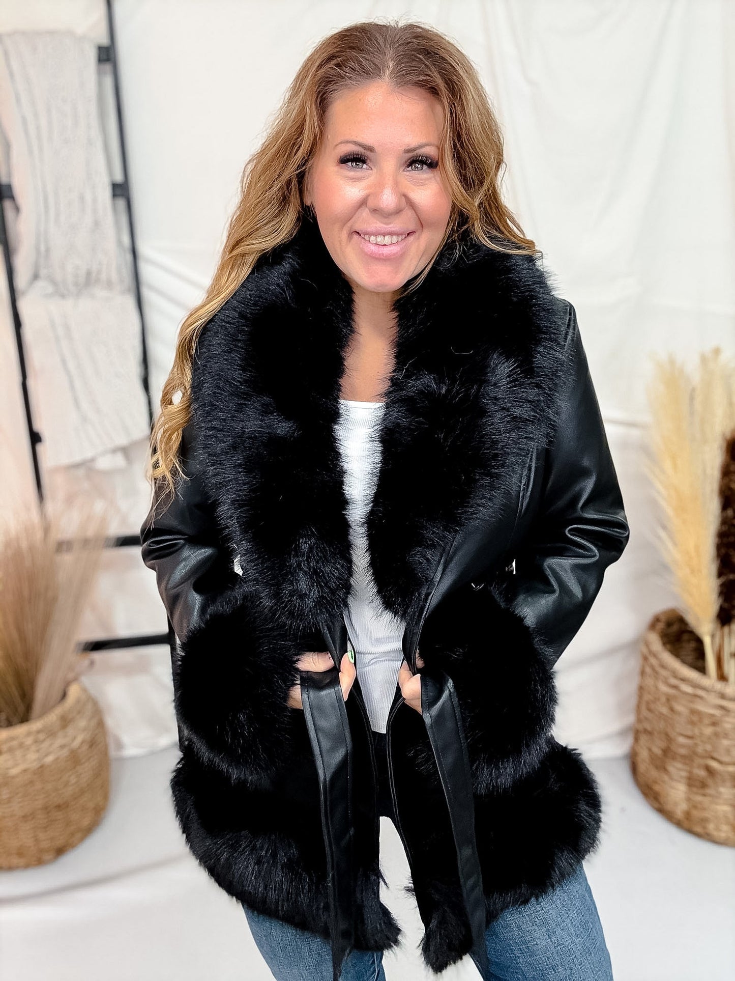 Black Belted Faux Fur & Leather Coat - Whiskey Skies - COALITION LA