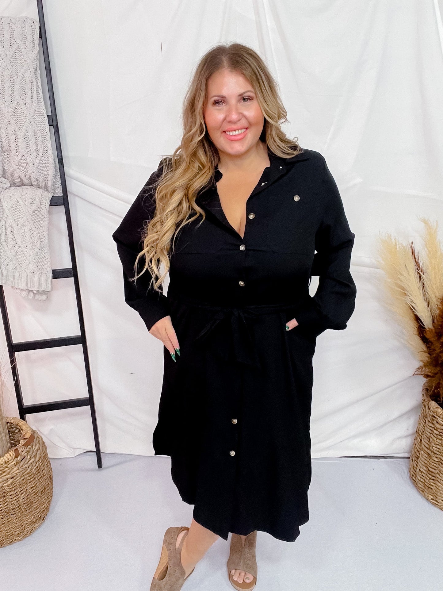 Black Belted Long Dress - Whiskey Skies - JADE BY JANE