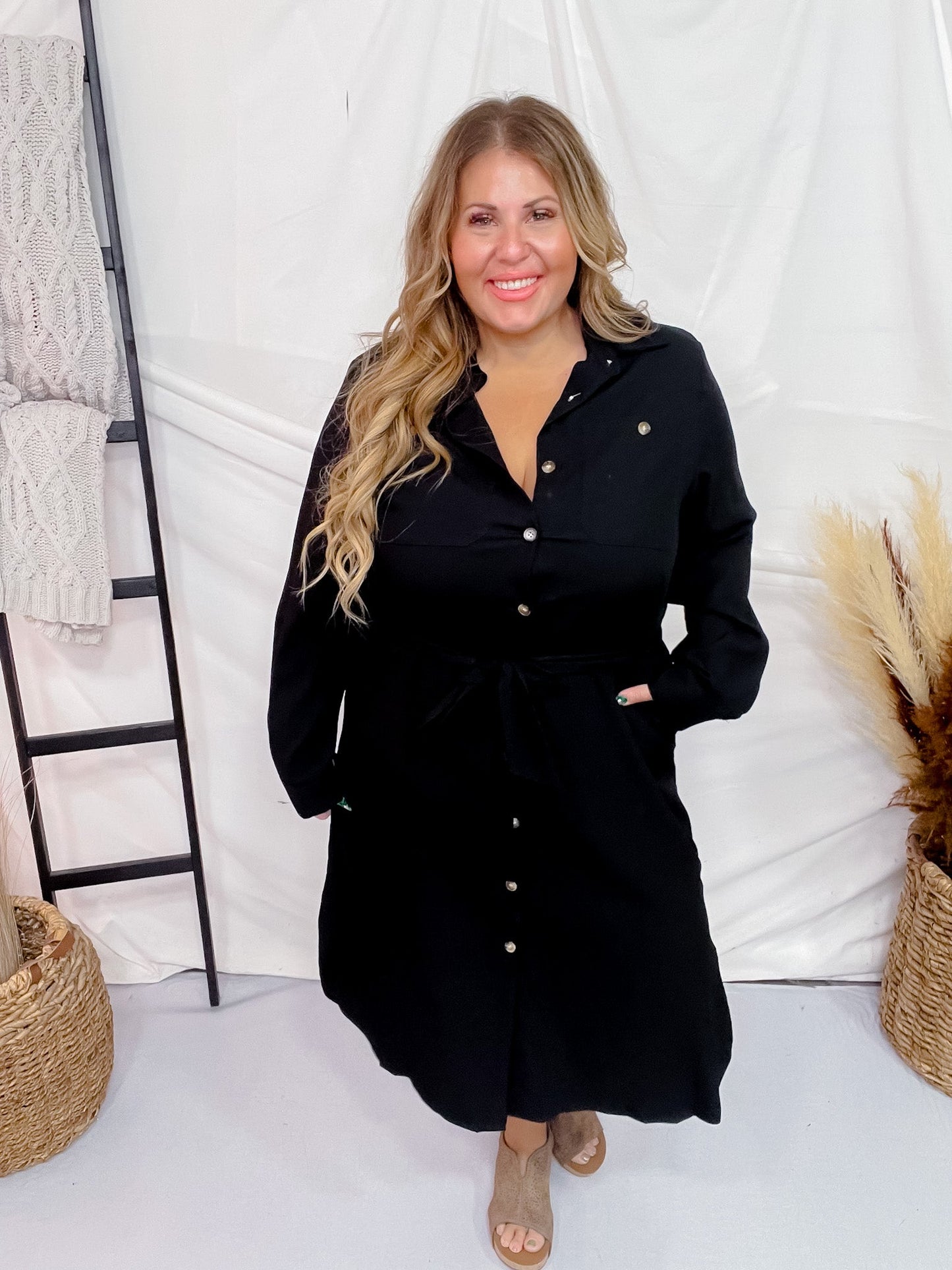 Black Belted Long Dress - Whiskey Skies - JADE BY JANE