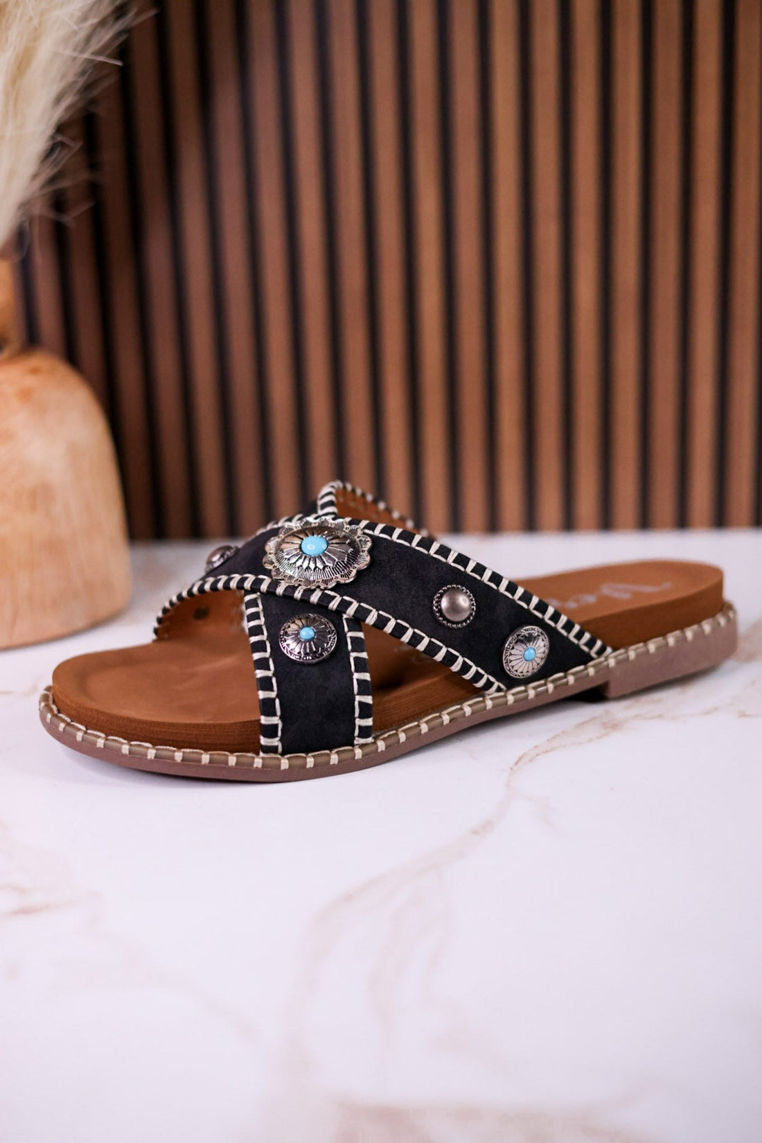 Black "Betsy" Faux Suede Sandals With Turquoise Concho Accents - Whiskey Skies - VERY G