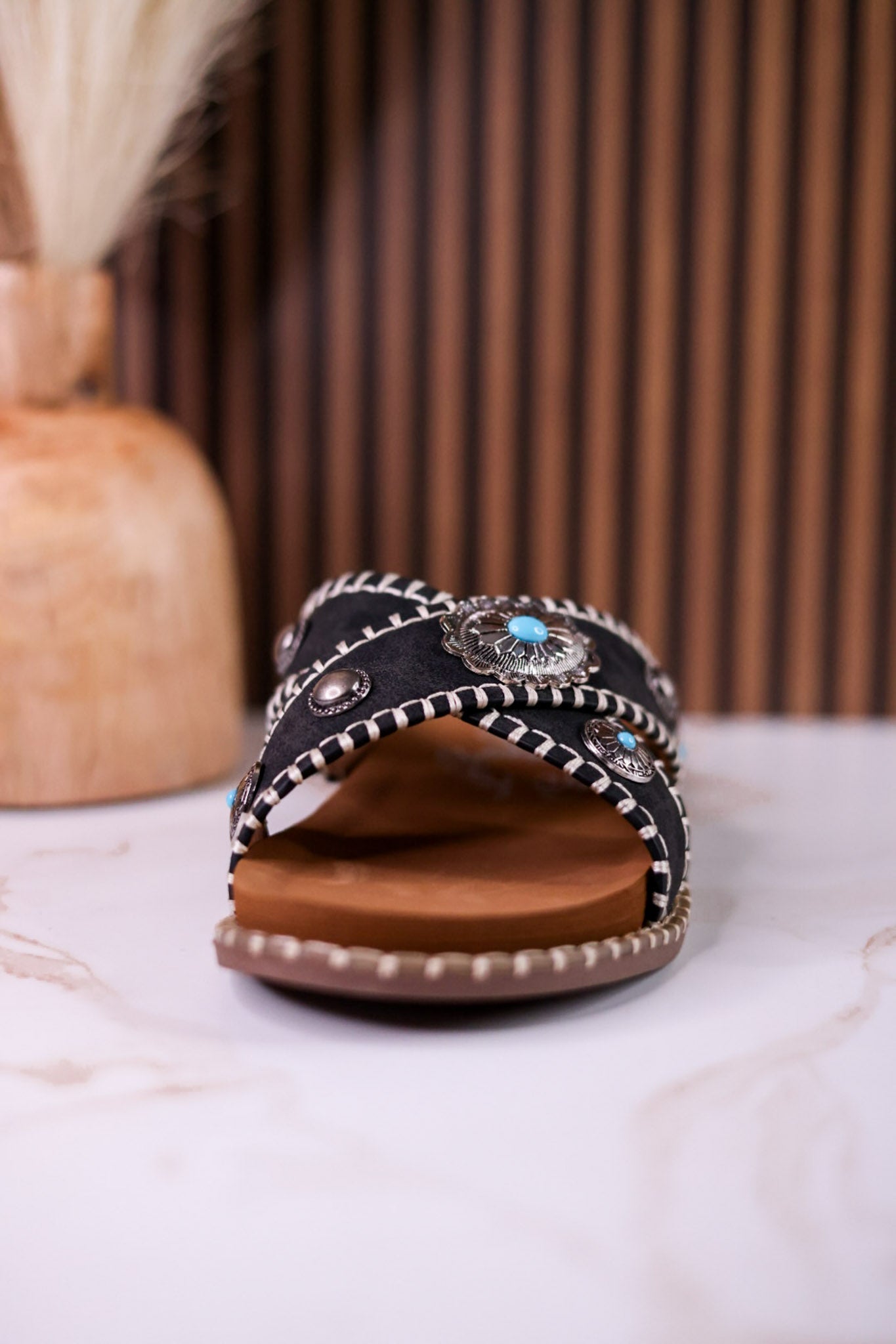 Black "Betsy" Faux Suede Sandals With Turquoise Concho Accents - Whiskey Skies - VERY G
