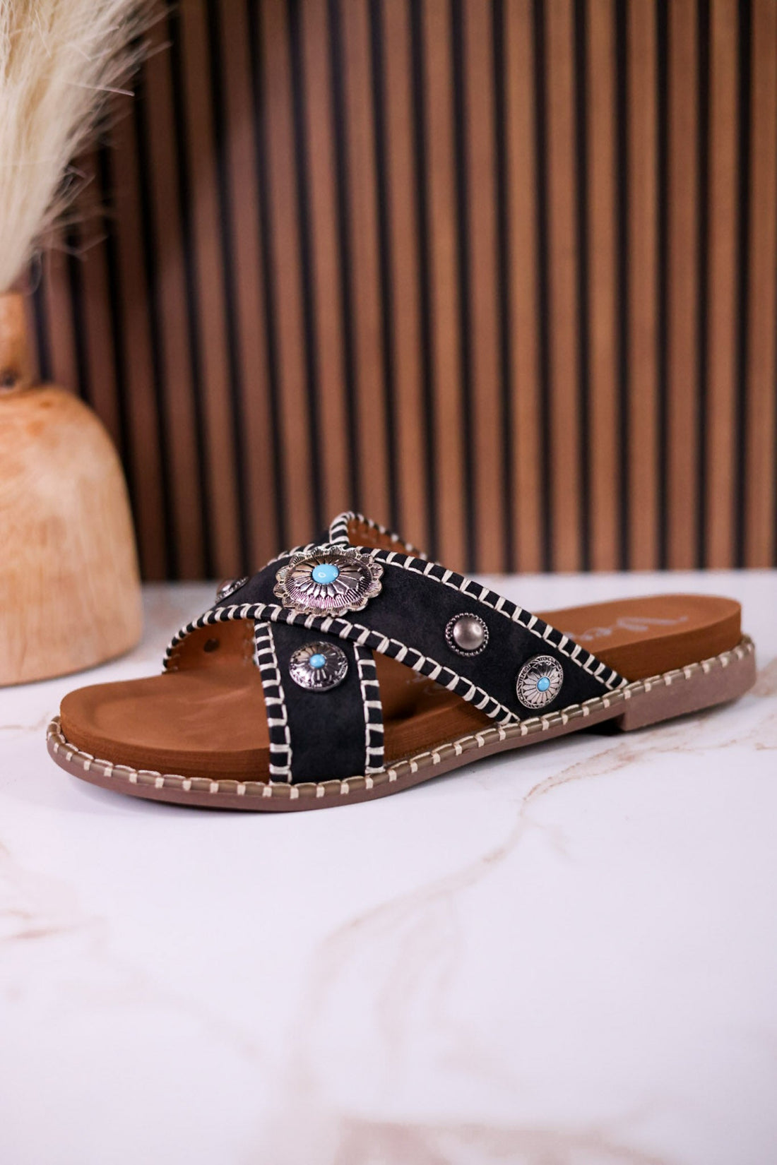 Black "Betsy" Faux Suede Sandals With Turquoise Concho Accents - Whiskey Skies - VERY G