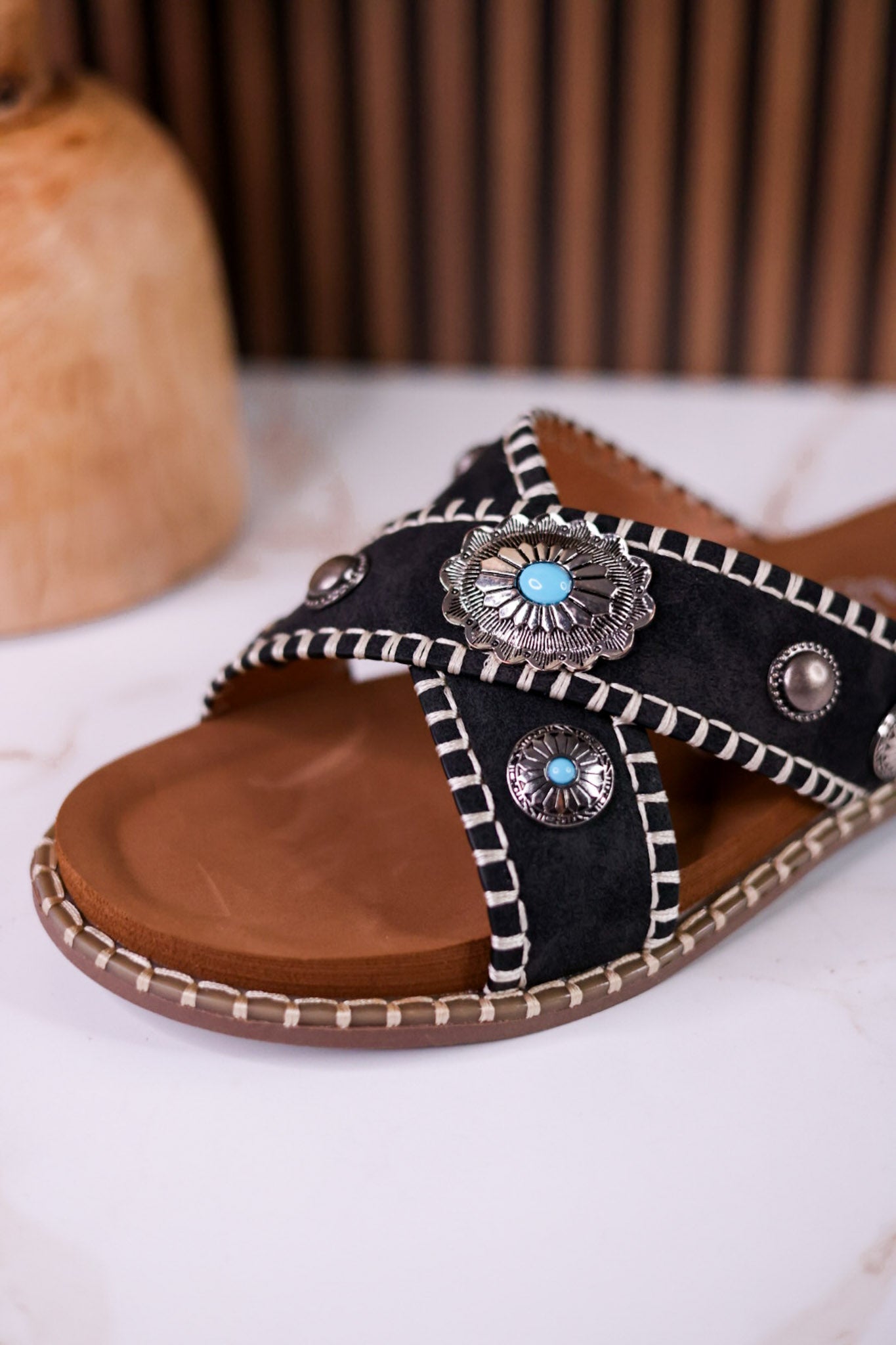Black "Betsy" Faux Suede Sandals With Turquoise Concho Accents - Whiskey Skies - VERY G