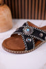 Black "Betsy" Faux Suede Sandals With Turquoise Concho Accents - Whiskey Skies - VERY G
