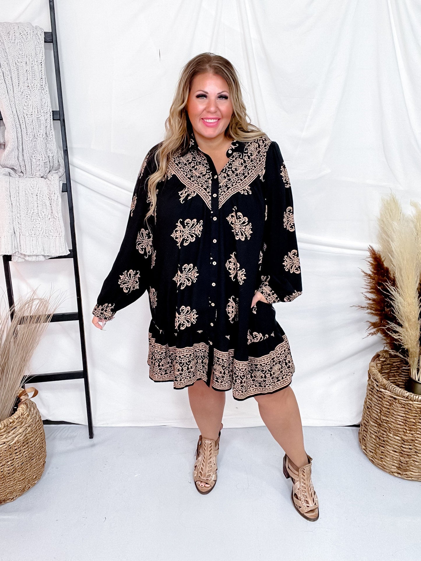 Black Border Printed Challis Long Sleeve Shirt Dress - Whiskey Skies - EASEL