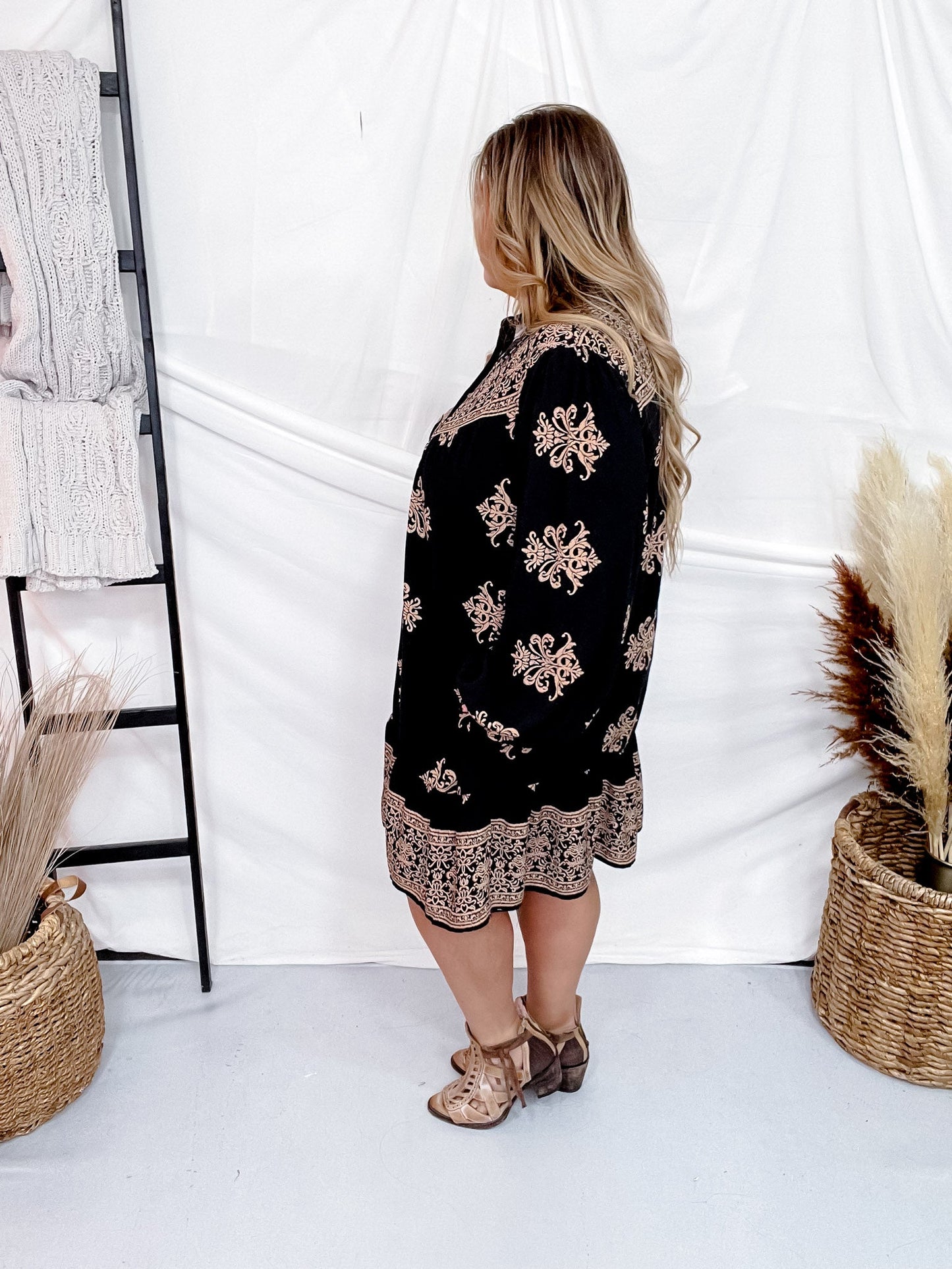 Black Border Printed Challis Long Sleeve Shirt Dress - Whiskey Skies - EASEL