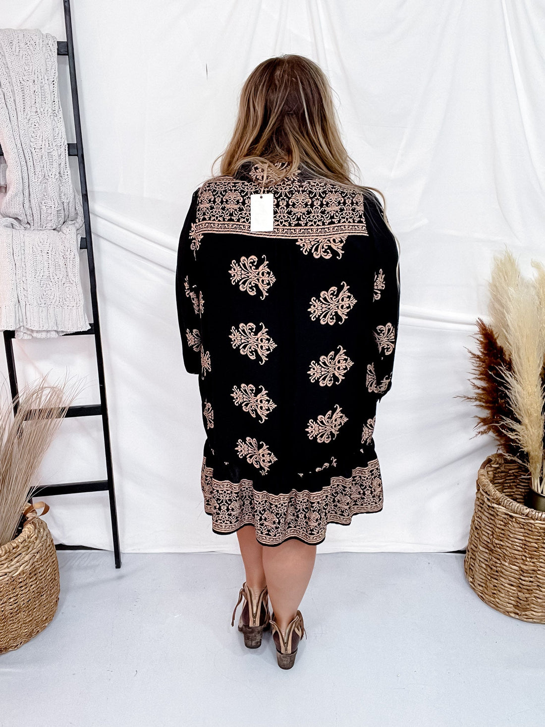 Black Border Printed Challis Long Sleeve Shirt Dress - Whiskey Skies - EASEL