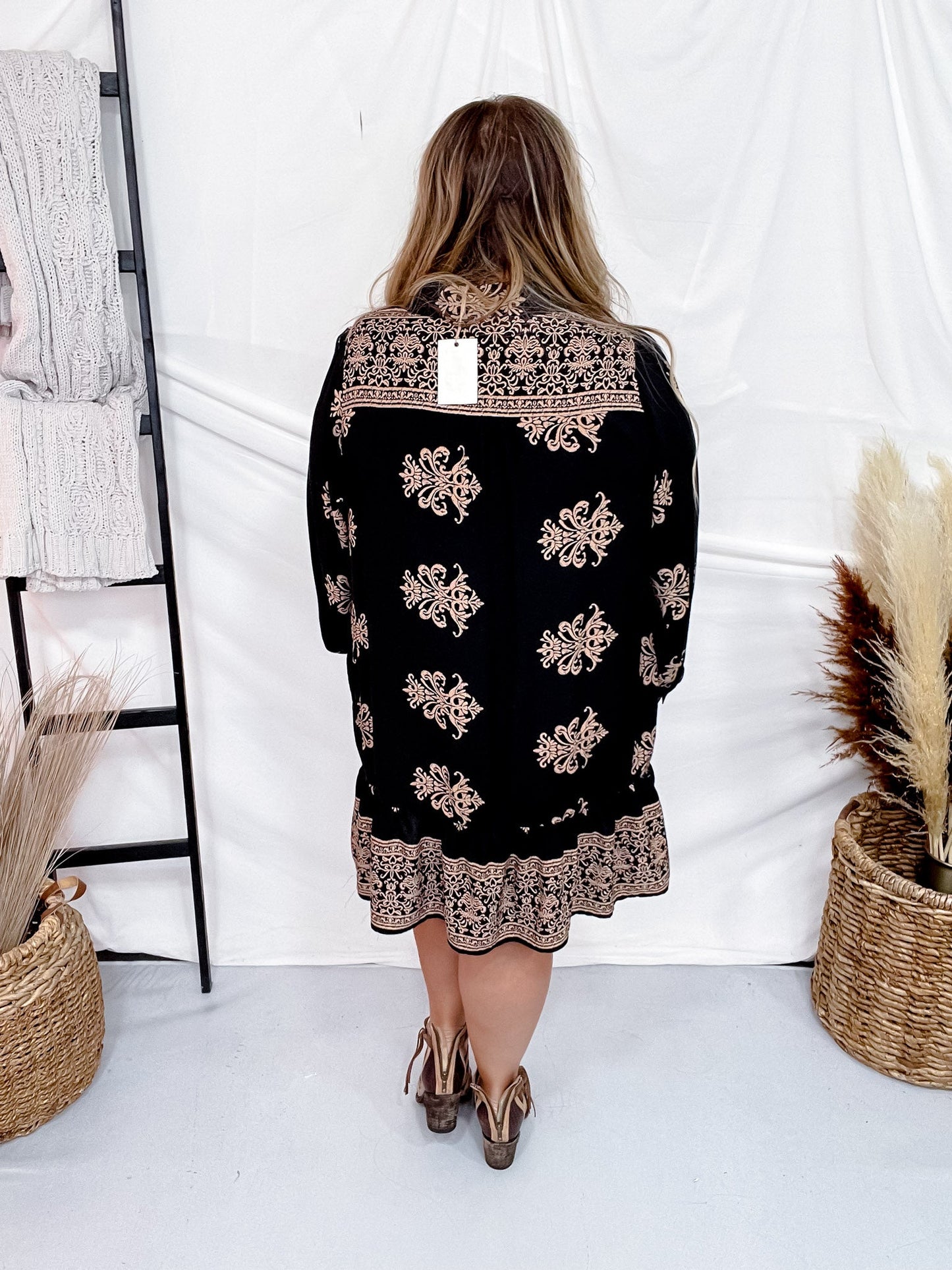 Black Border Printed Challis Long Sleeve Shirt Dress - Whiskey Skies - EASEL