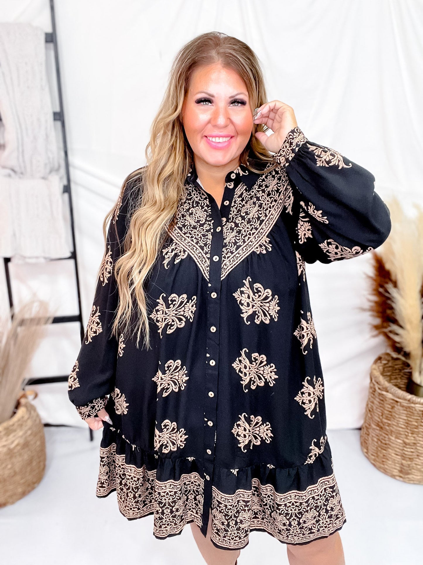 Black Border Printed Challis Long Sleeve Shirt Dress - Whiskey Skies - EASEL