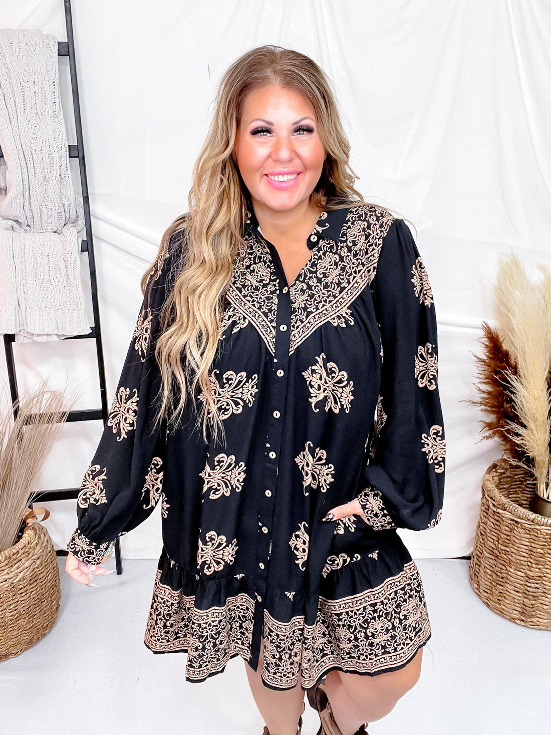 Black Border Printed Challis Long Sleeve Shirt Dress - Whiskey Skies - EASEL