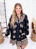 Black Border Printed Challis Long Sleeve Shirt Dress - Whiskey Skies - EASEL