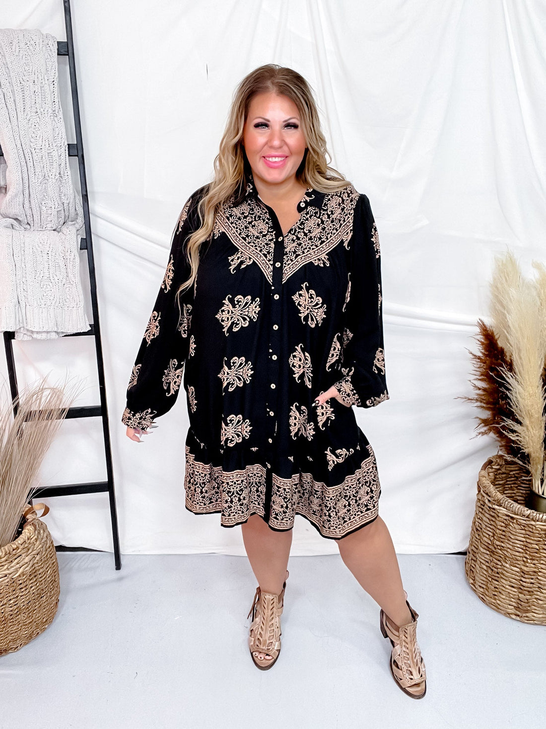 Black Border Printed Challis Long Sleeve Shirt Dress - Whiskey Skies - EASEL