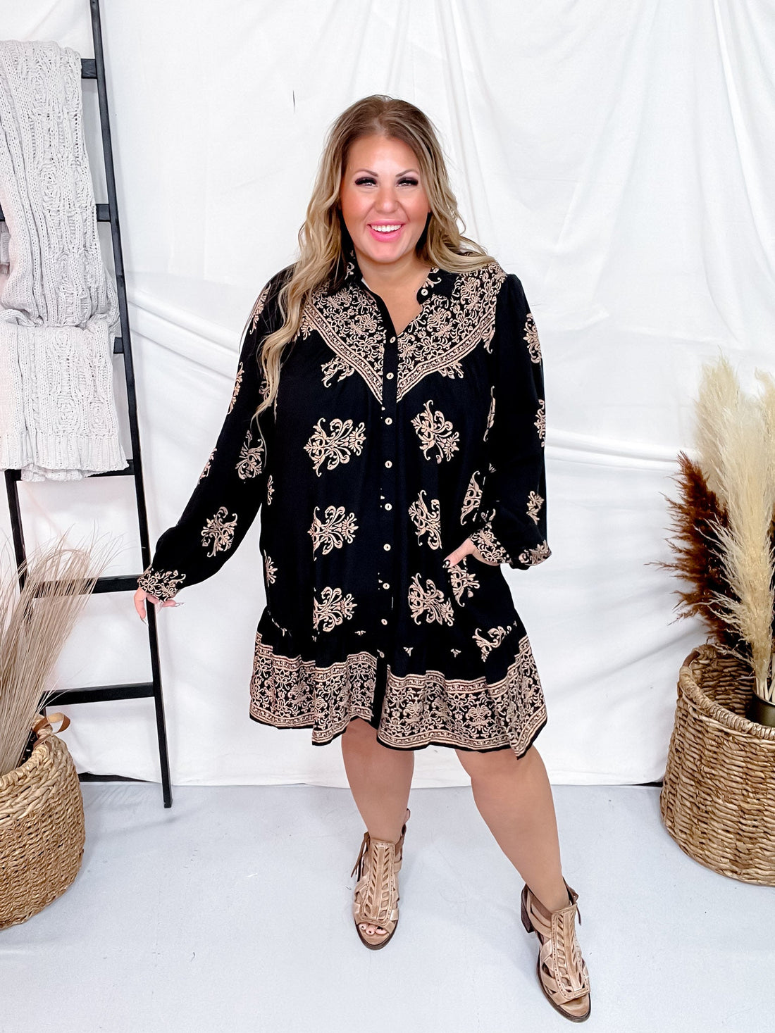 Black Border Printed Challis Long Sleeve Shirt Dress - Whiskey Skies - EASEL