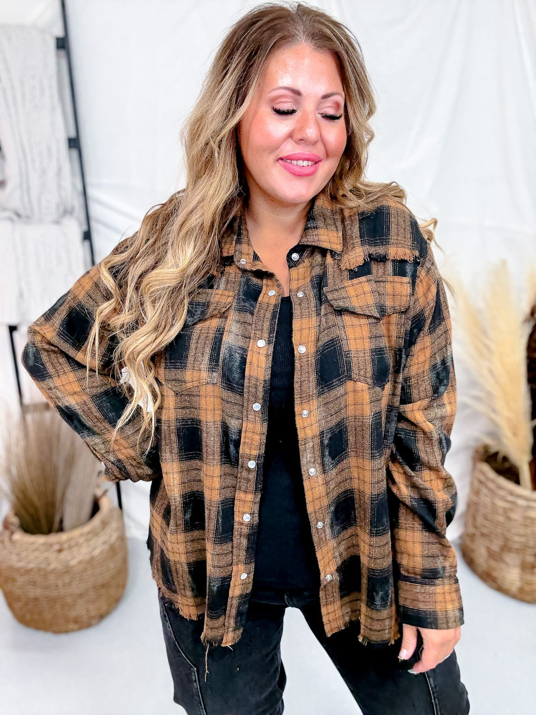 Black & Brown Long Sleeve Plaid Button Down Top - Whiskey Skies - WHITE BIRCH
