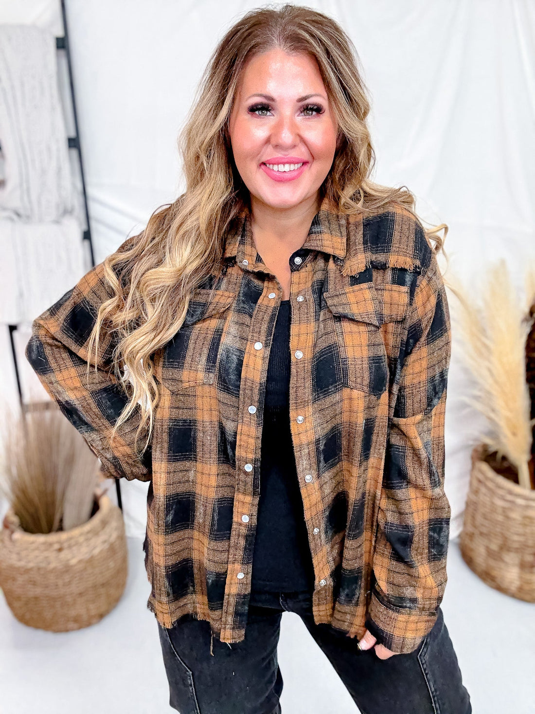 Black & Brown Long Sleeve Plaid Button Down Top - Whiskey Skies - WHITE BIRCH