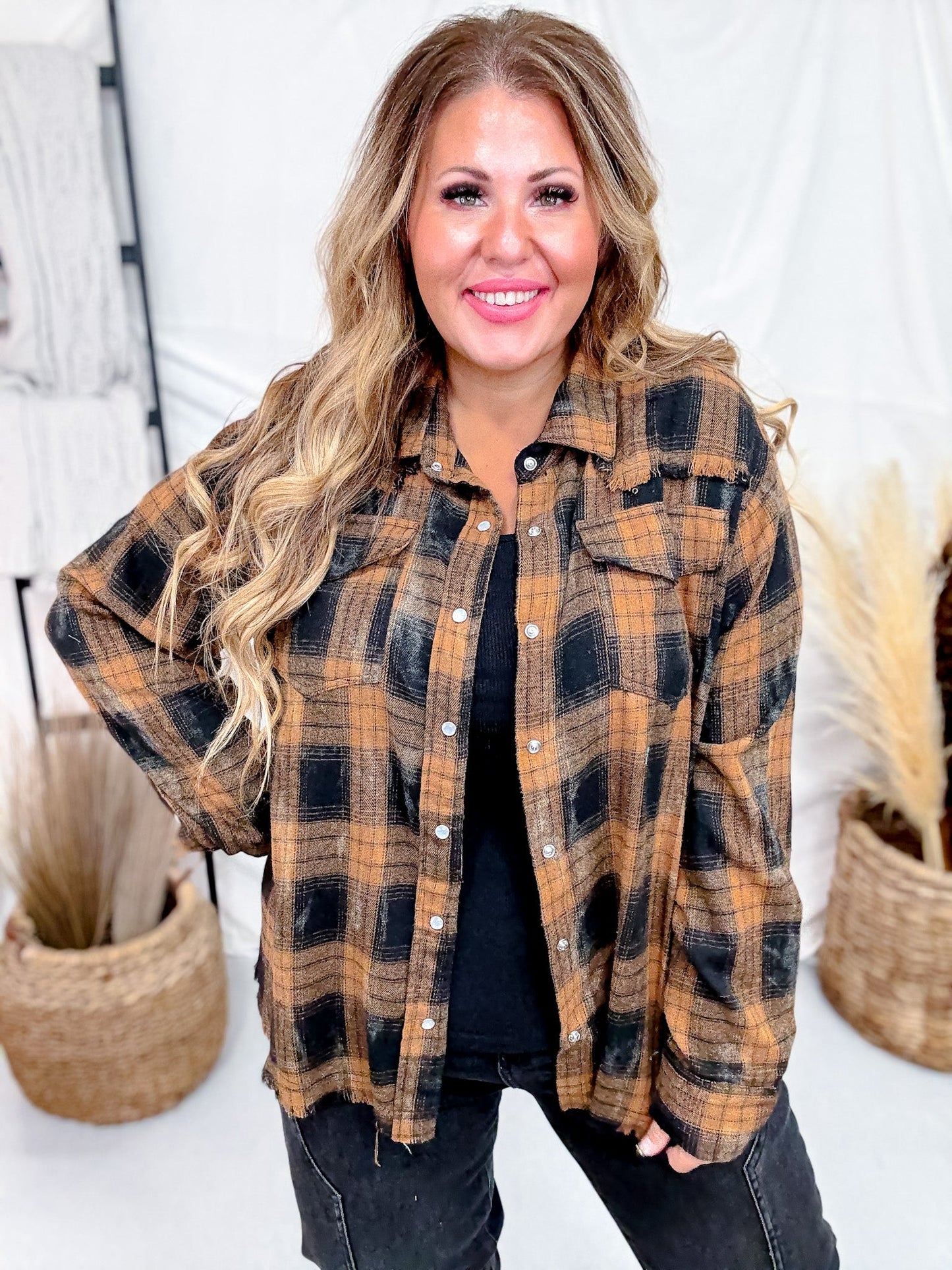 Black & Brown Long Sleeve Plaid Button Down Top - Whiskey Skies - WHITE BIRCH