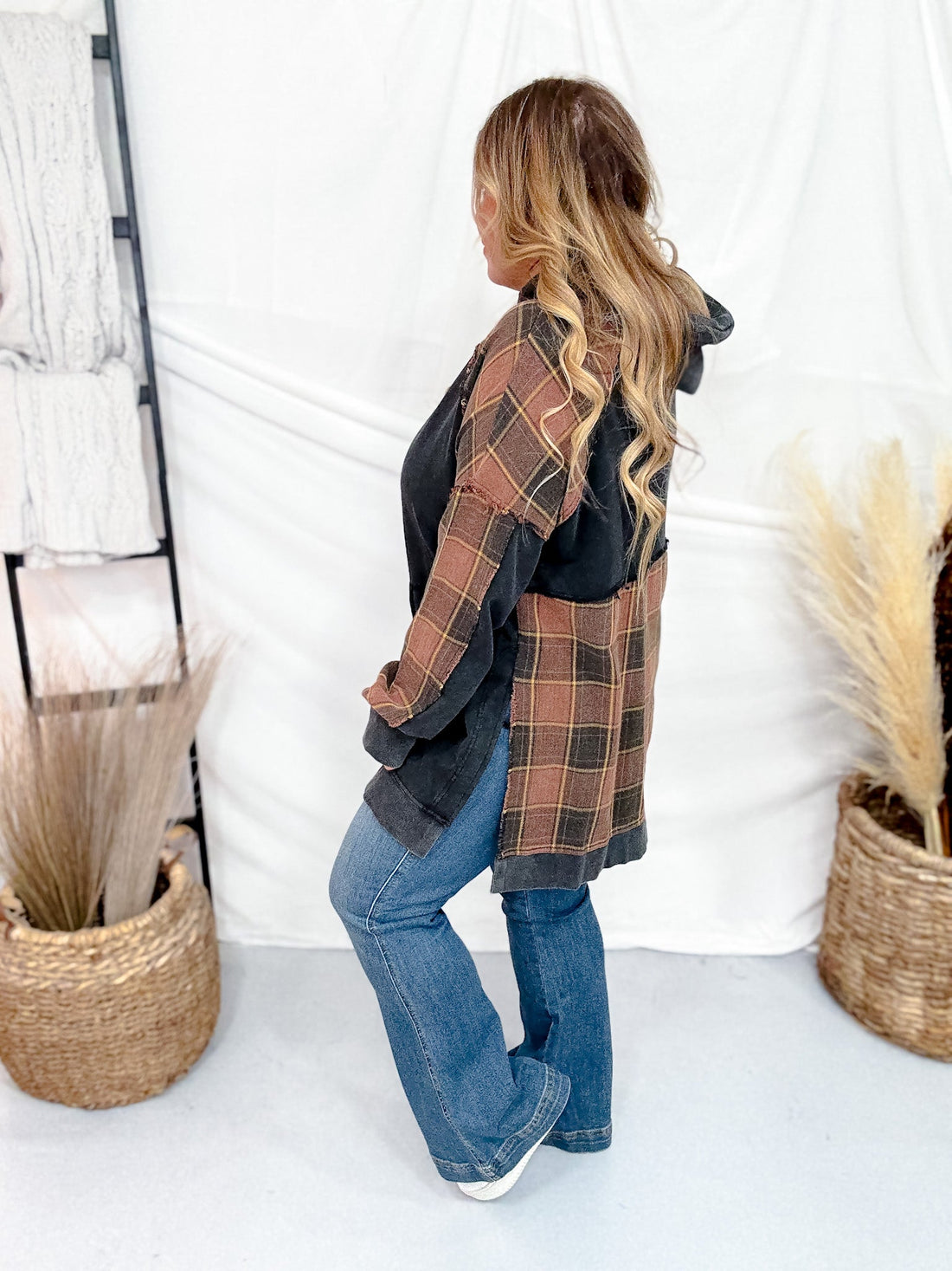Black & Brown Plaid Mineral Wash Pouch Pocket Hi - Lo Hoodie - Whiskey Skies - JADE BY JANE