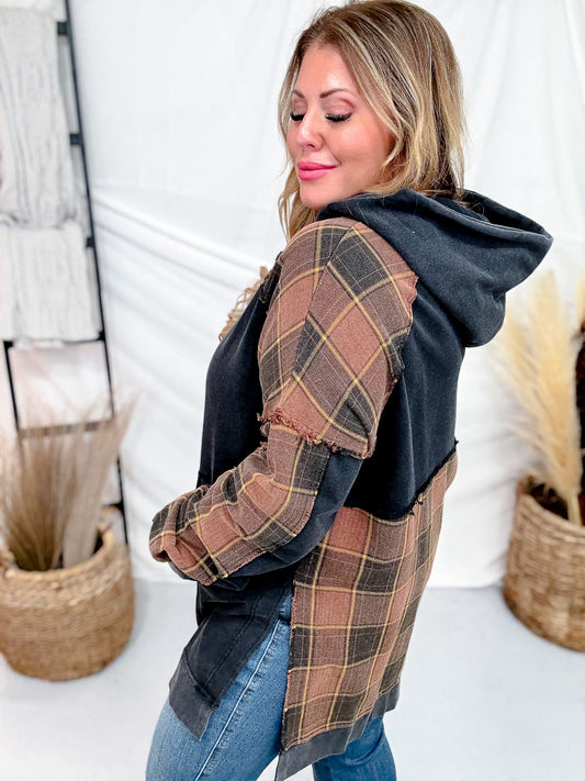 Black & Brown Plaid Mineral Wash Pouch Pocket Hi - Lo Hoodie - Whiskey Skies - JADE BY JANE