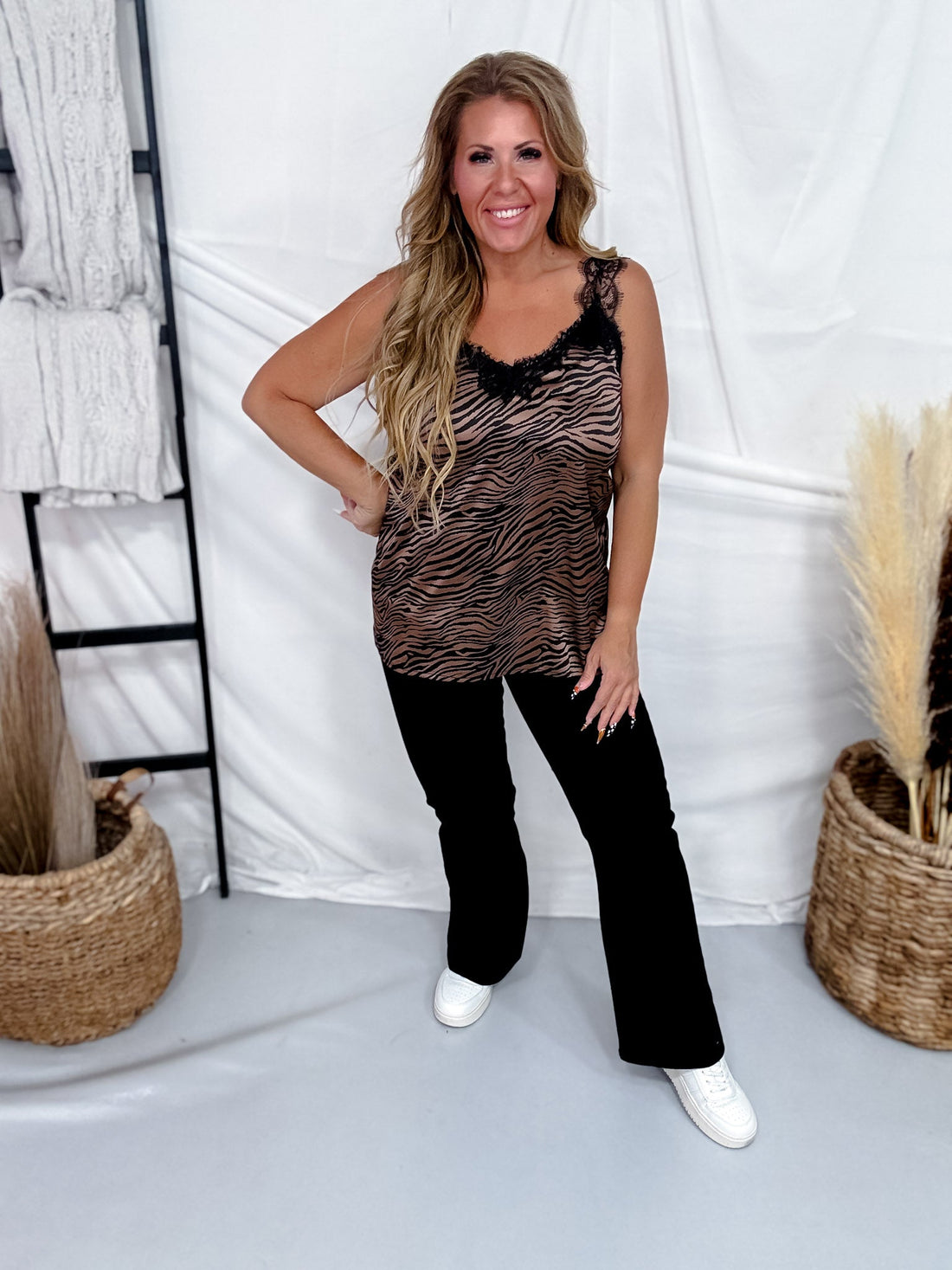 Black & Brown Satin Zebra Print Tank Top W/ Eyelash Lace Trim - Whiskey Skies - 2 FLY CO.