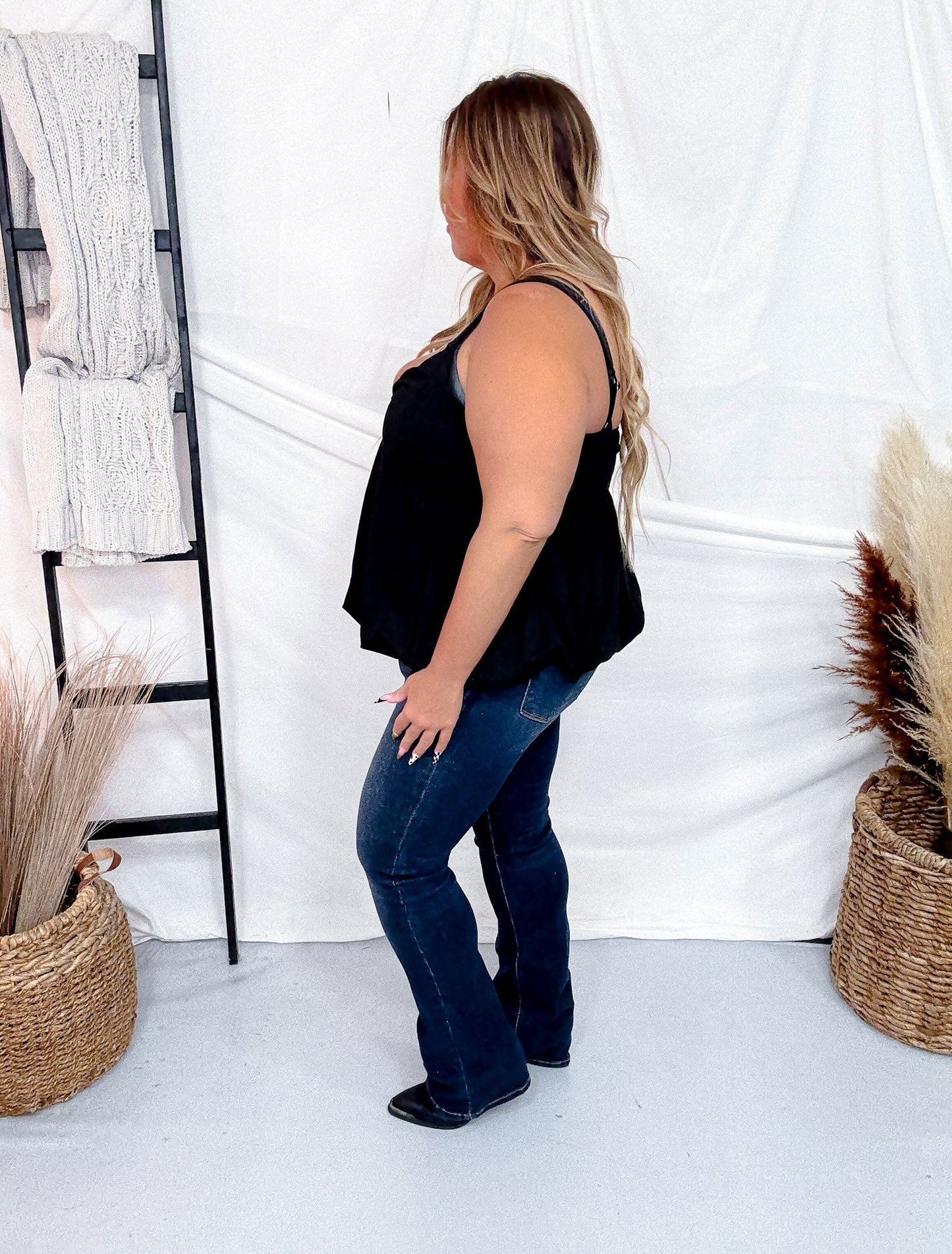 Black Bubble Hem Tank Top With Square V-Neck - Whiskey Skies - WHITE BIRCH