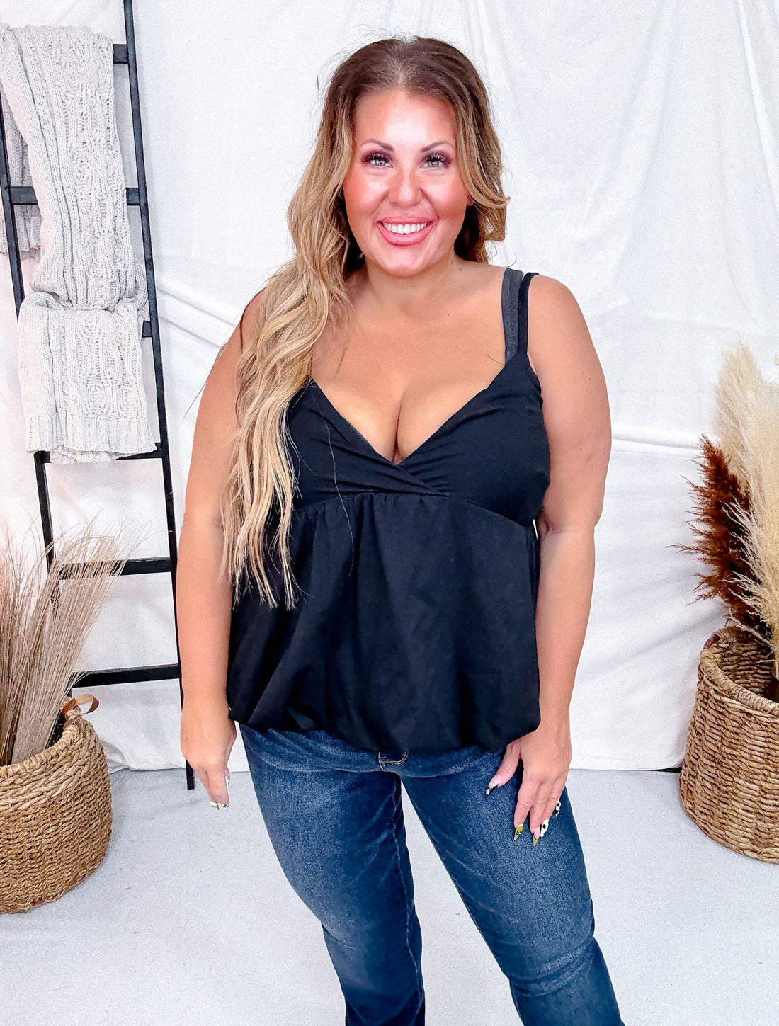Black Bubble Hem Tank Top With Square V-Neck - Whiskey Skies - WHITE BIRCH