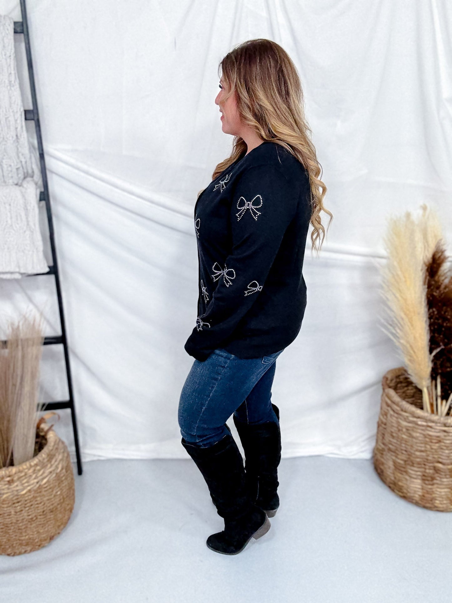 Black Button Front Cardigan With Rhinestone Bows - Whiskey Skies - SEW IN LOVE