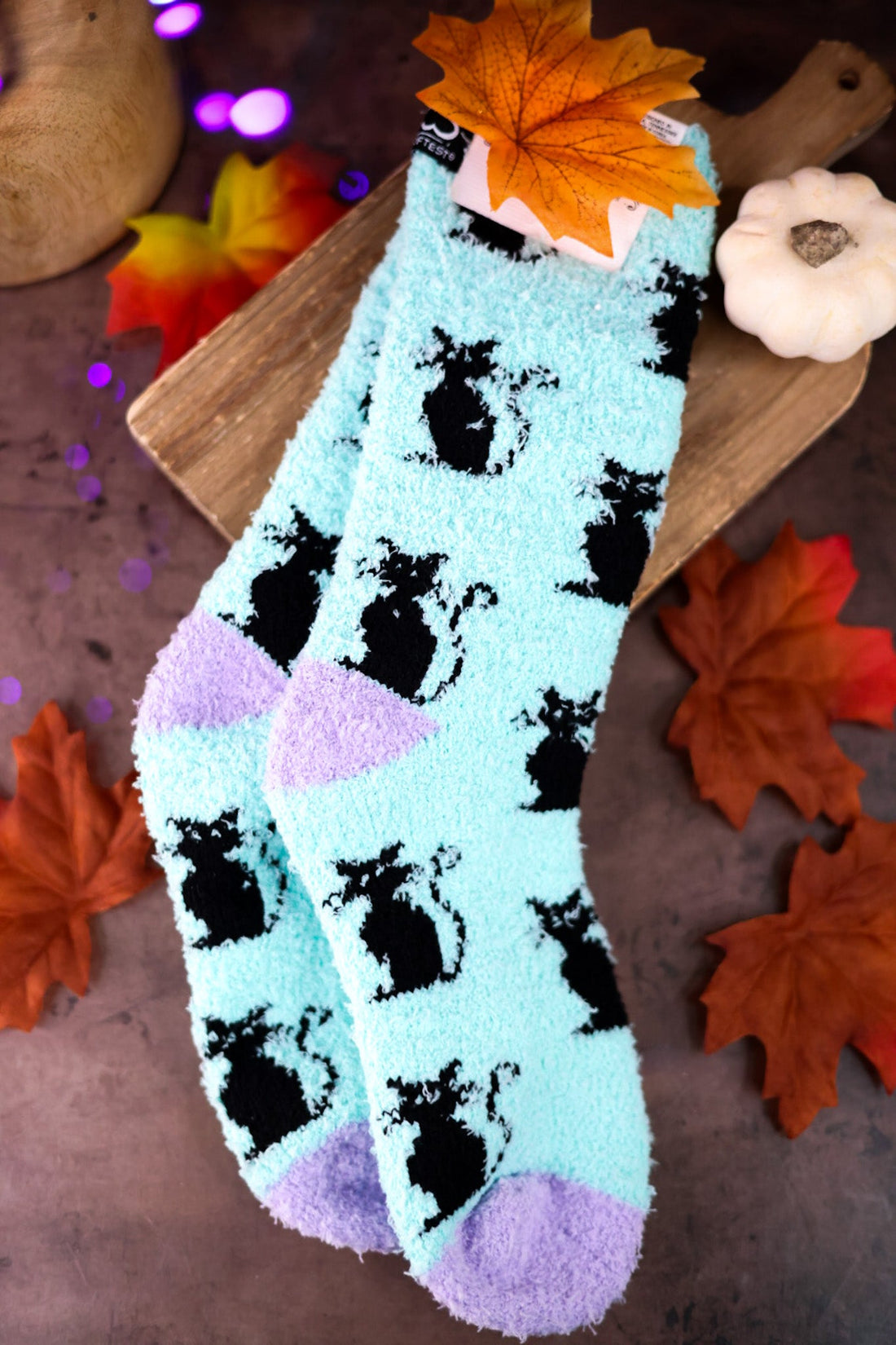 Black Cat Fuzzy Crew Socks - Whiskey Skies - CRESCENT SOCK COMPANY