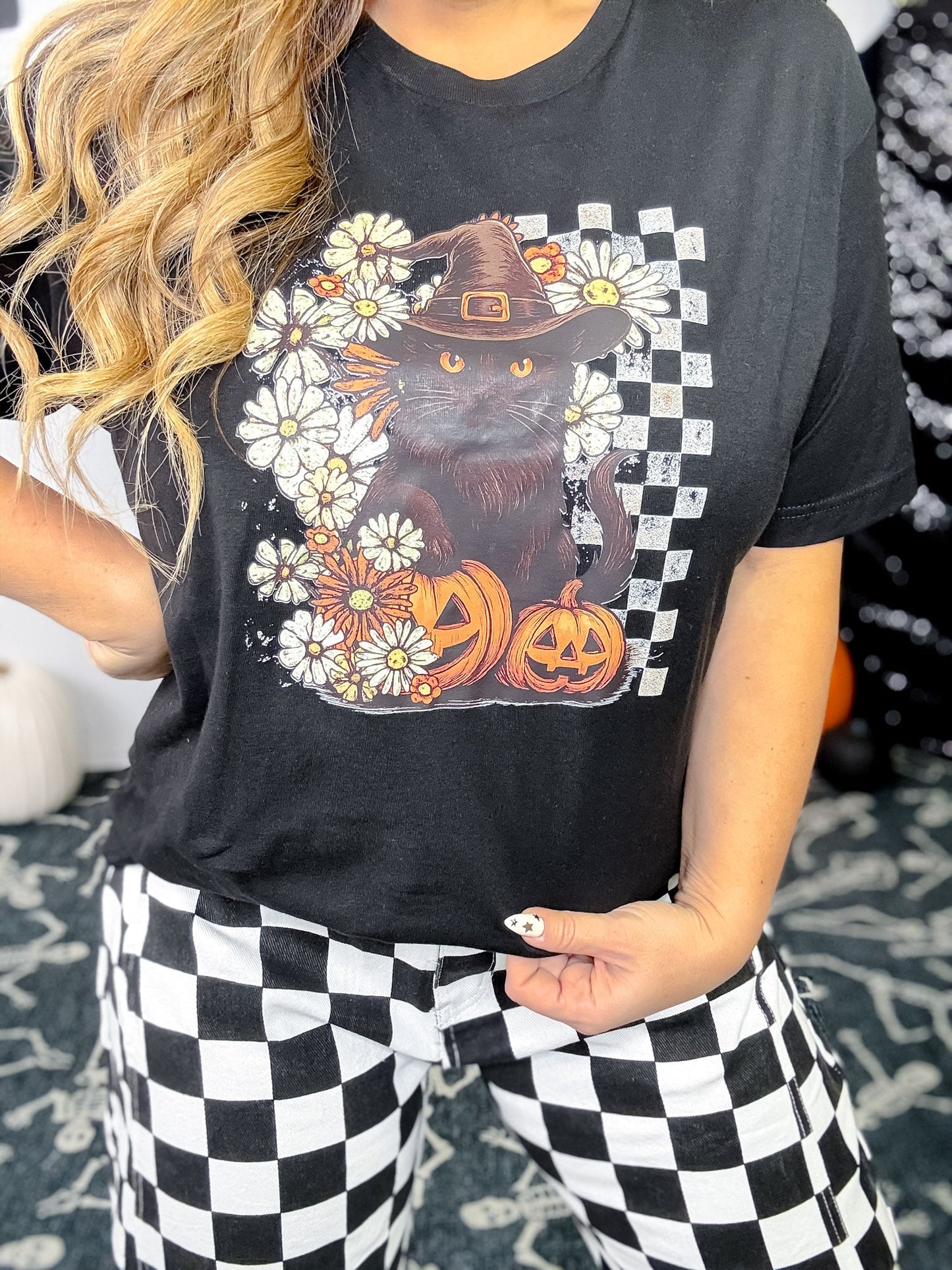Black Cat & Jack O Lanterns Graphic Tee - Whiskey Skies - FESTIVITEES