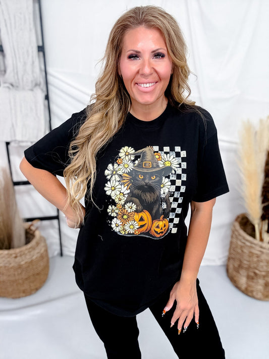 Black Cat & Jack O Lanterns Graphic Tee - Whiskey Skies - FESTIVITEES