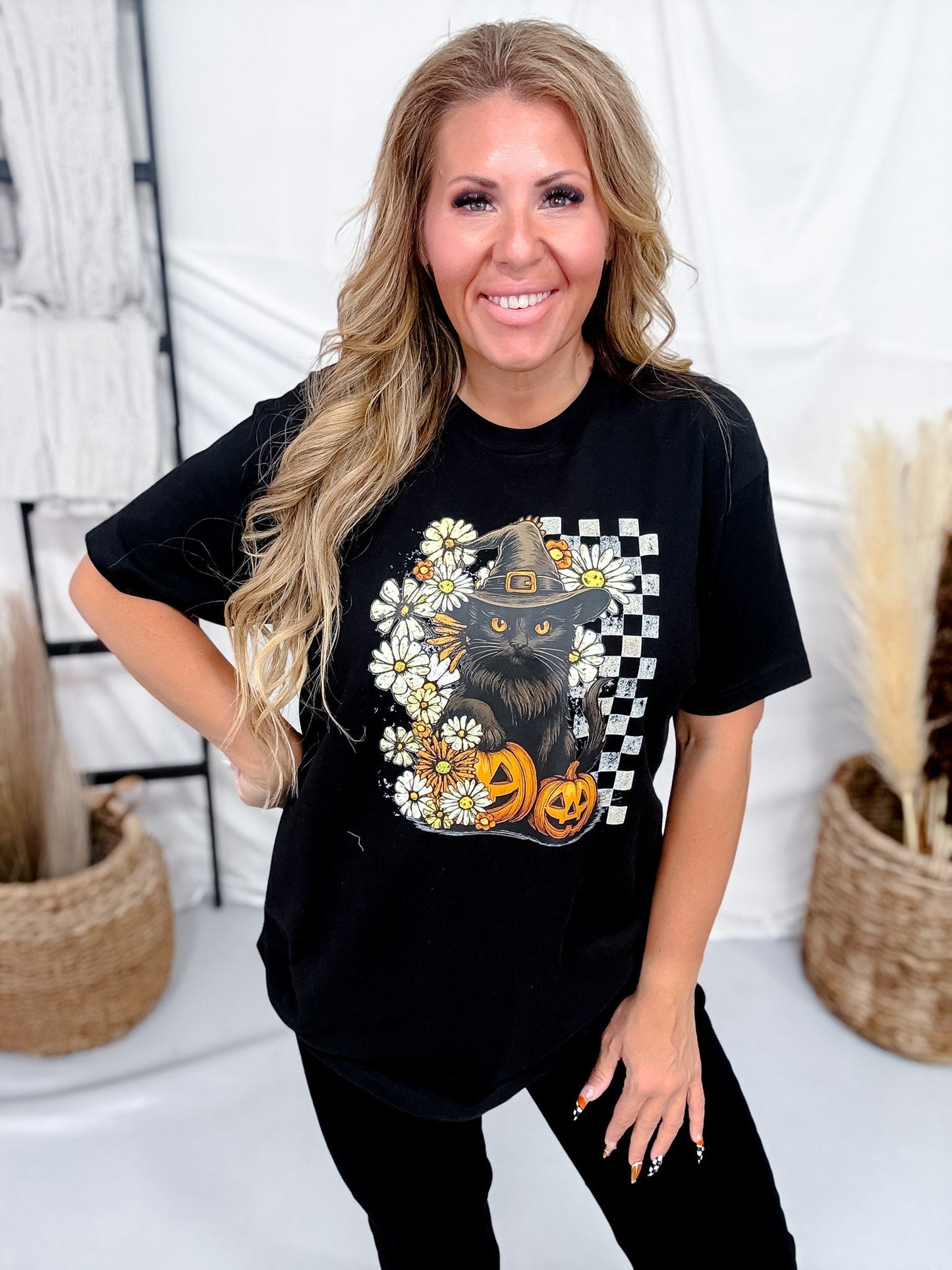 Black Cat & Jack O Lanterns Graphic Tee - Whiskey Skies - FESTIVITEES