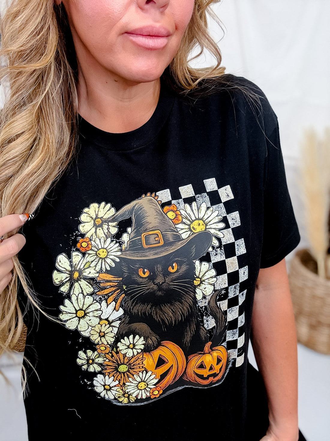 Black Cat & Jack O Lanterns Graphic Tee - Whiskey Skies - FESTIVITEES