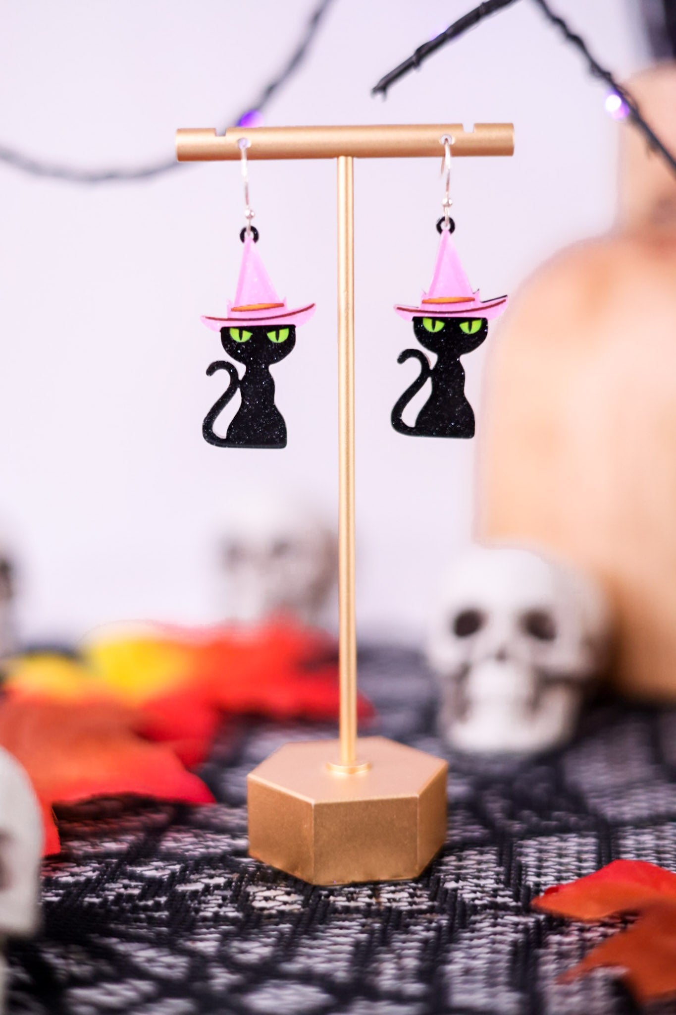 Black Cat With Witch Hat Earrings - Whiskey Skies - PERIWINKLE BY BARLOW