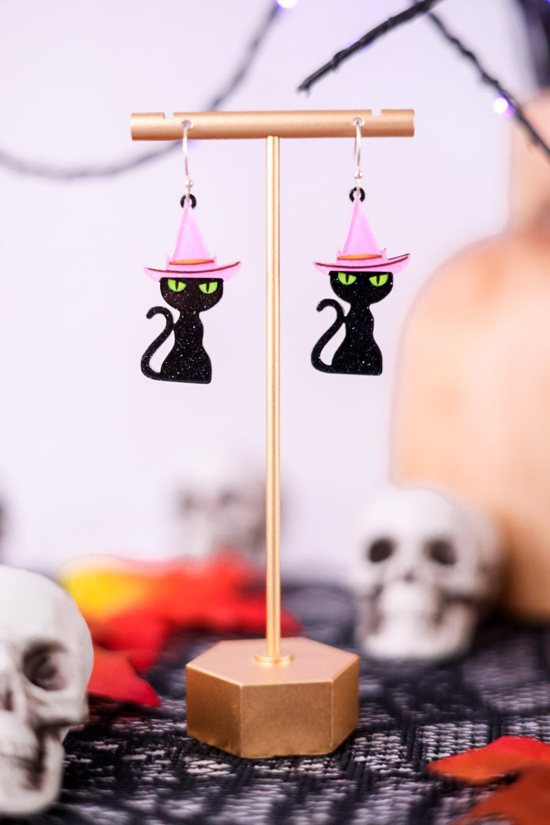 Black Cat With Witch Hat Earrings - Whiskey Skies - PERIWINKLE BY BARLOW