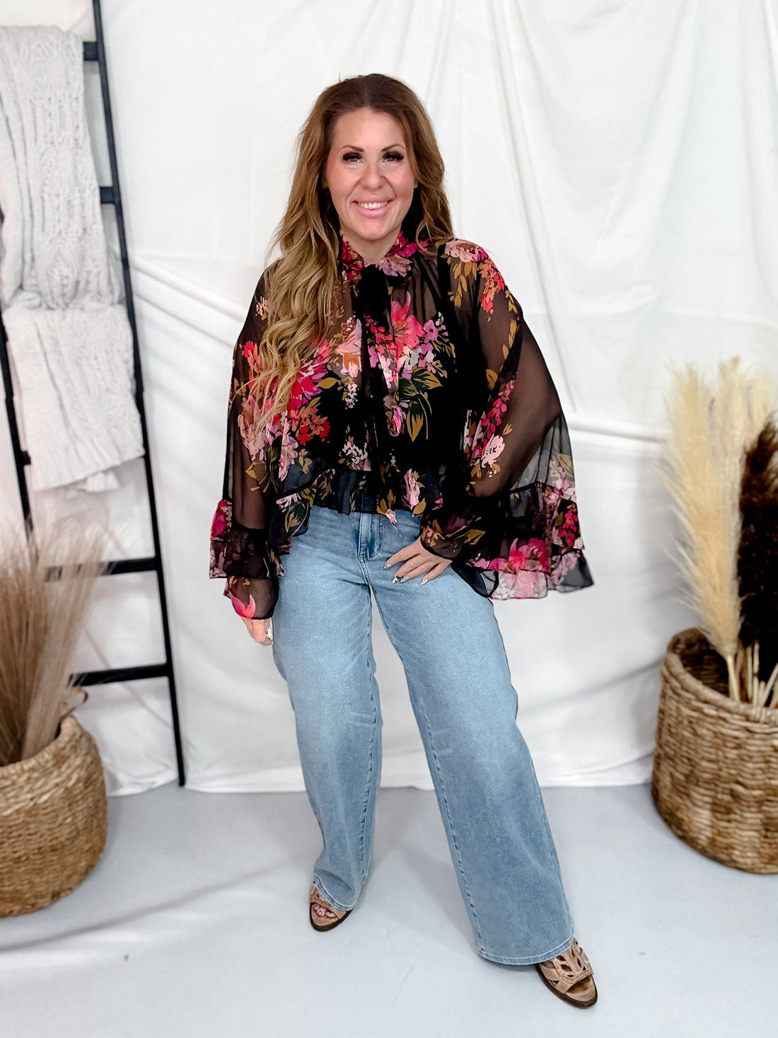 Black Chiffon Blouse With Pink Floral Print - Whiskey Skies - ODDI