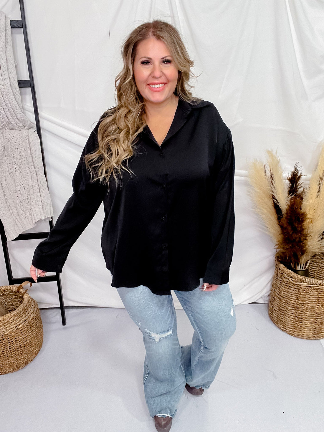 Black Classic Long Sleeve Button Up Top - Whiskey Skies - SOUTHERN GRACE