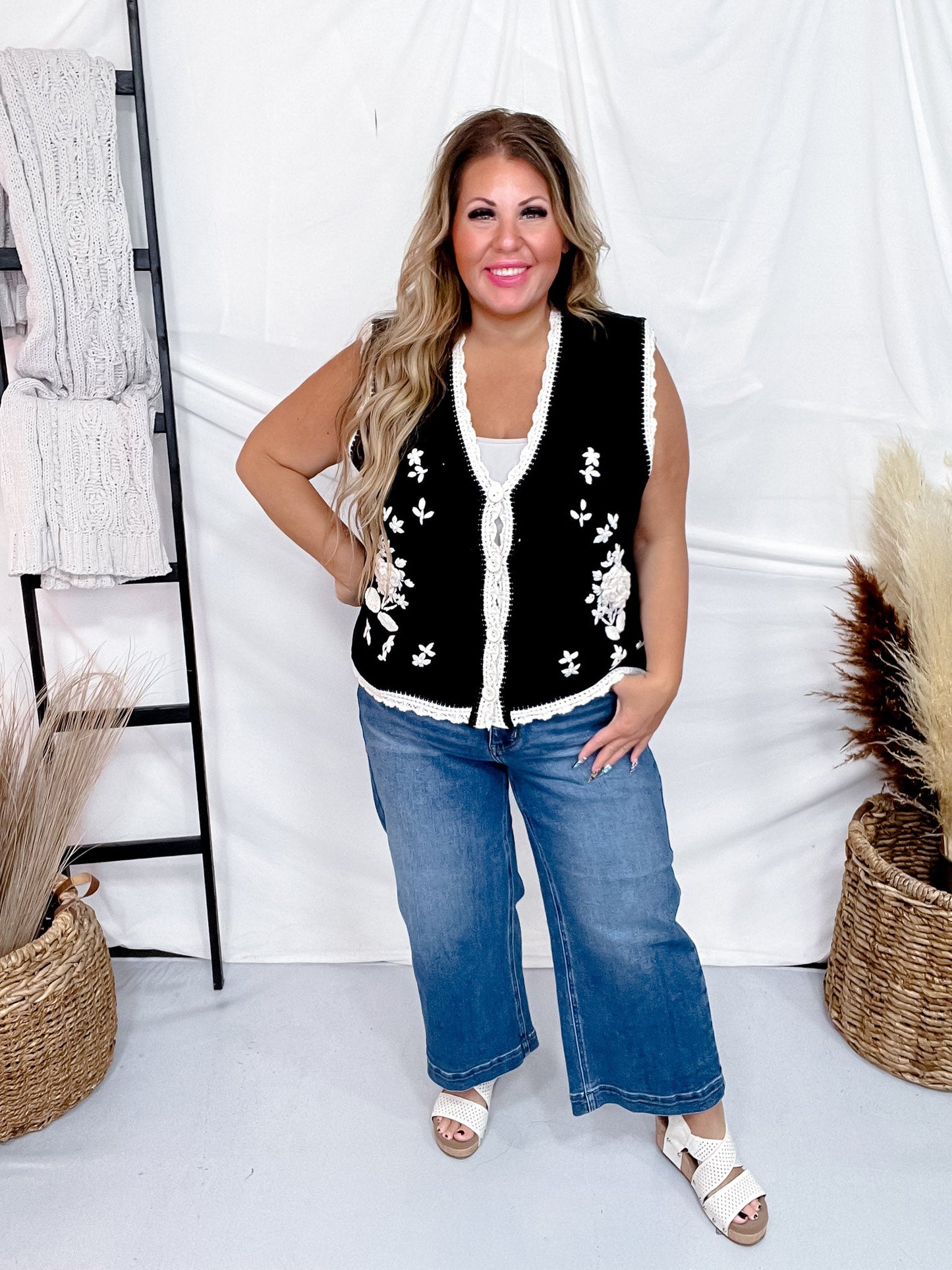 Black & Cream Antique Floral Embroidered Lace Sweater Knit Vest Top - Whiskey Skies - DAVI & DANI