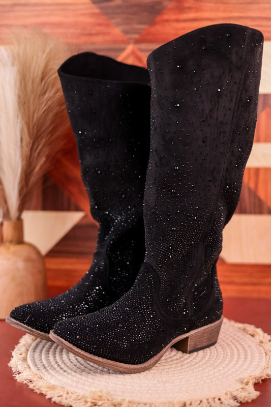 Black Crystal Wide Calf Boots - Whiskey Skies - VERY G