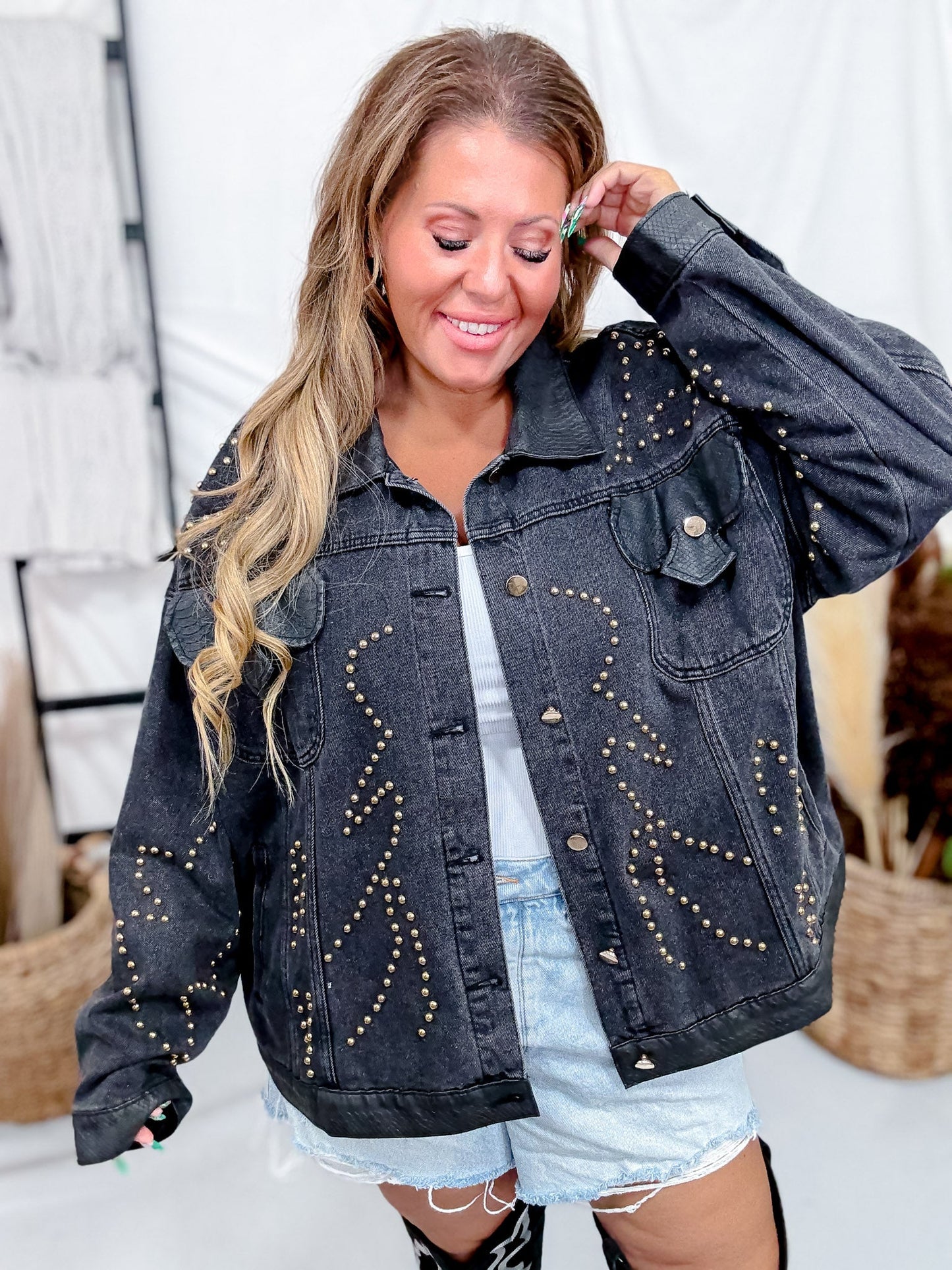 Black Denim Jacket W/ Gunmetal & Bronze Studded Western Details - Whiskey Skies - AZALEA WANG