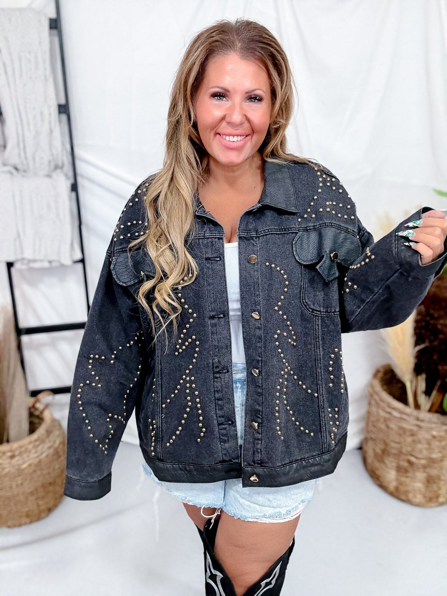 Black Denim Jacket W/ Gunmetal & Bronze Studded Western Details - Whiskey Skies - AZALEA WANG