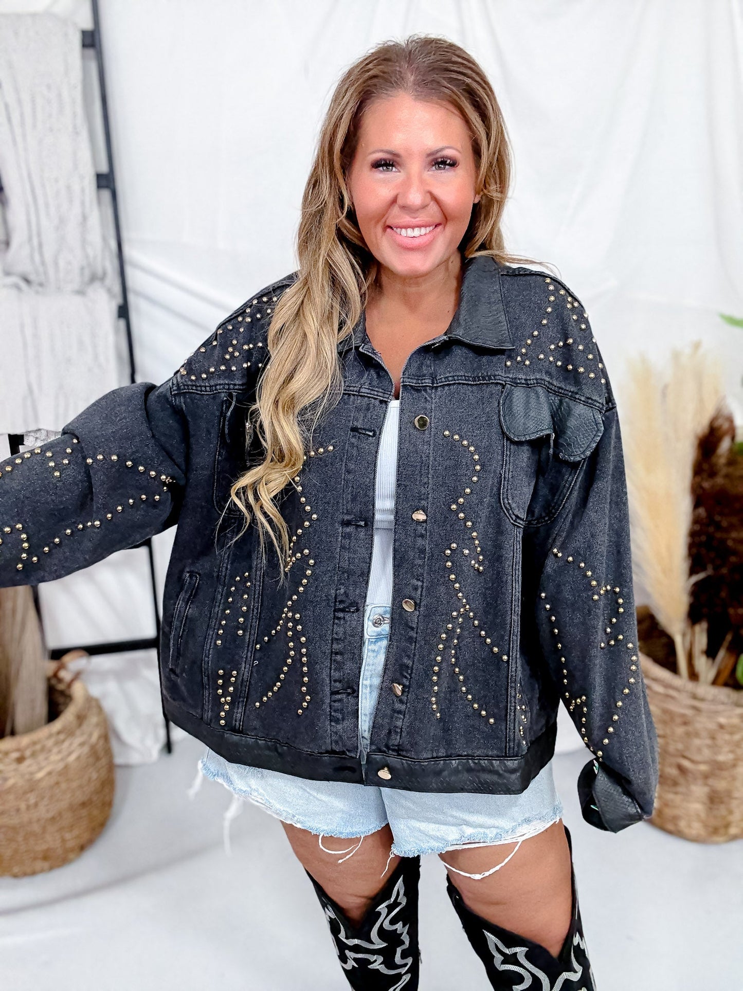 Black Denim Jacket W/ Gunmetal & Bronze Studded Western Details - Whiskey Skies - AZALEA WANG