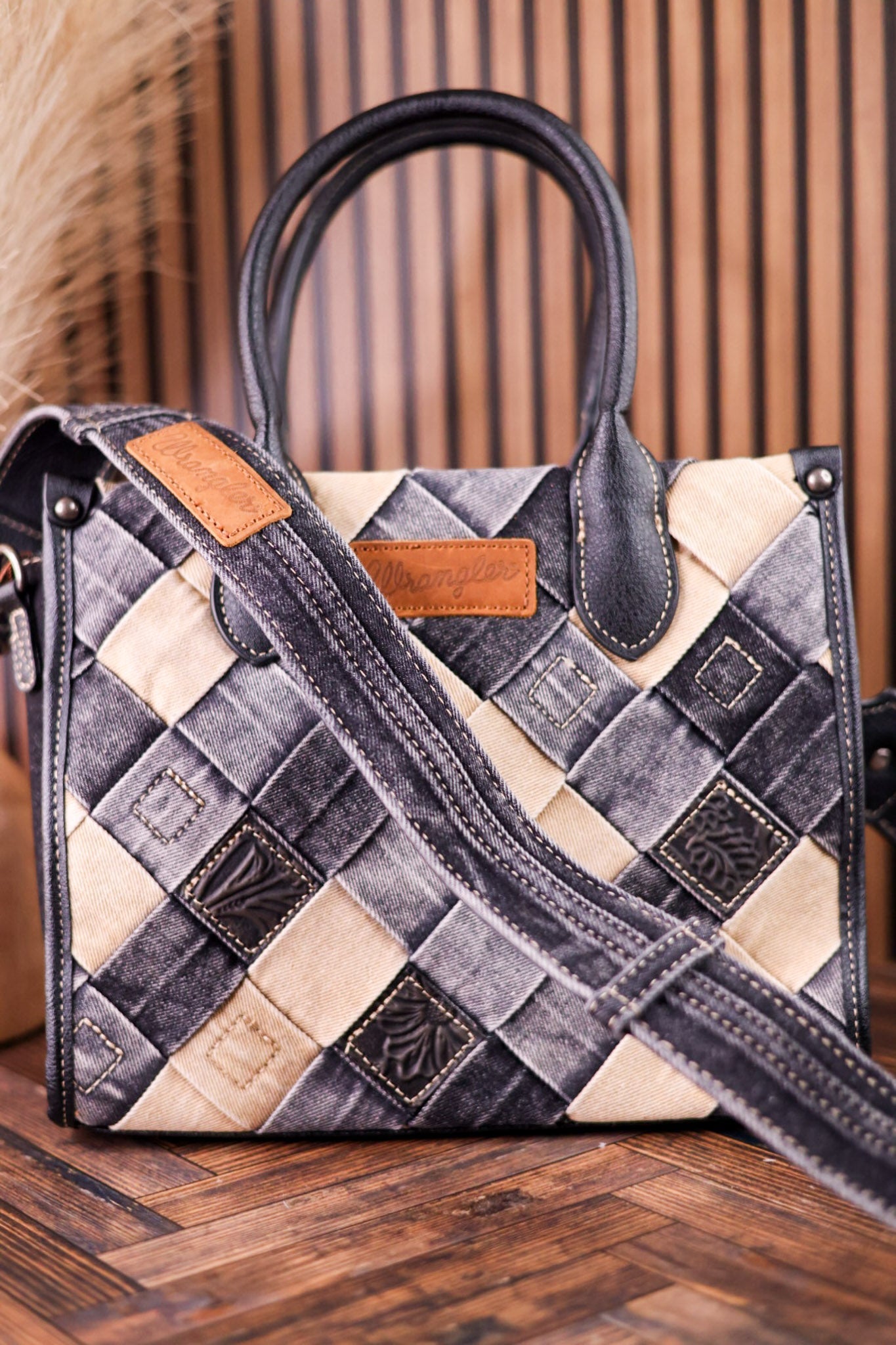 Black Diamond Patterned Wrangler Denim Tote Bag - Whiskey Skies - MONTANA WEST