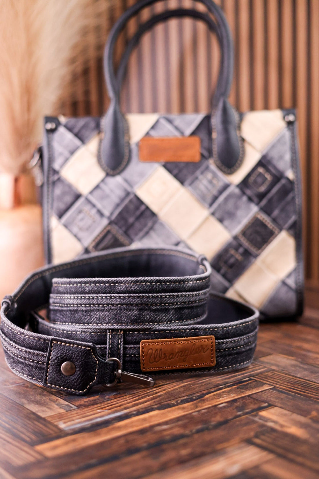 Black Diamond Patterned Wrangler Denim Tote Bag - Whiskey Skies - MONTANA WEST