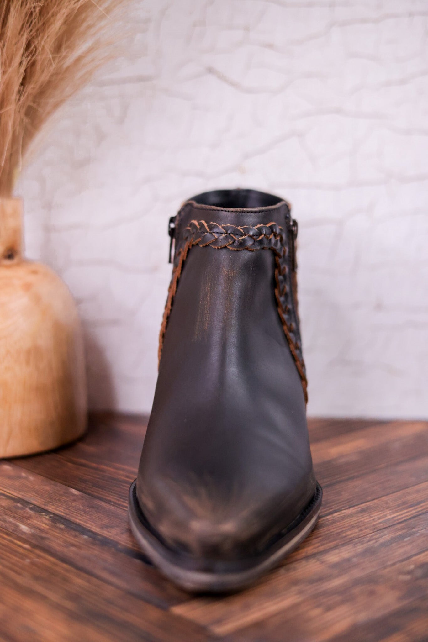 Black Distressed Leather Ankle Booties with Braided Detail - Whiskey Skies - VOLATILE