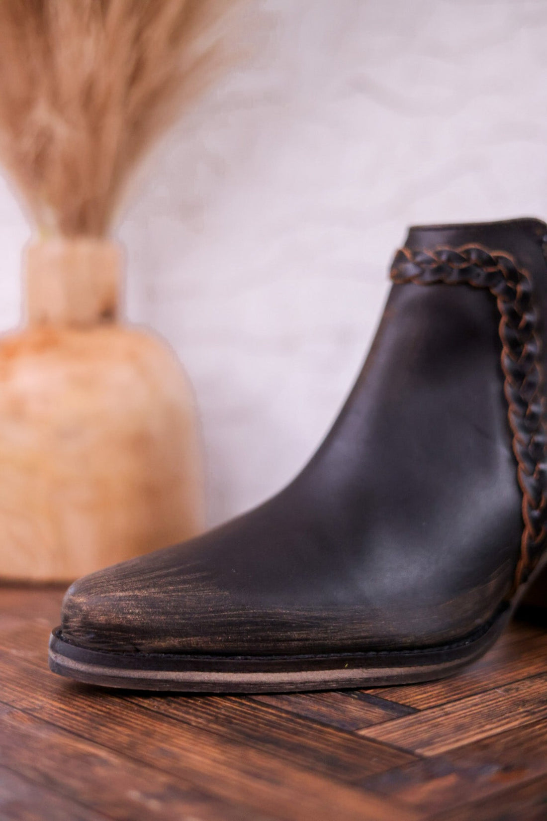 Black Distressed Leather Ankle Booties with Braided Detail - Whiskey Skies - VOLATILE